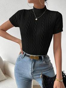 SHEIN Frenchy 休閒純色針織短袖上衣 - 黑色 - 查看 4