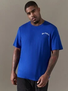 SHEIN Manfinity Homme 男士加大號字母印花短袖t恤 - 藍色 - 查看 2