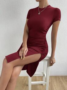 SHEIN Essnce Women's Round Neck High Slit Dress - Red - View 5