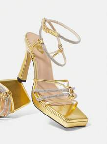 Women's Fashionable Gold Color Square Toe Chunky High Heeled Shoes - Gold - View 1