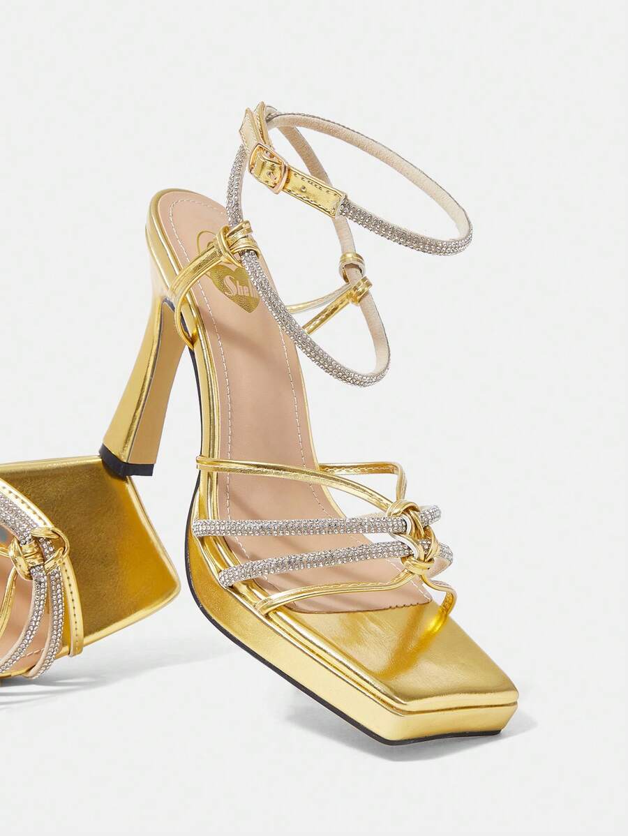 Women's Fashionable Gold Color Square Toe Chunky High Heeled Shoes - Gold - View 1