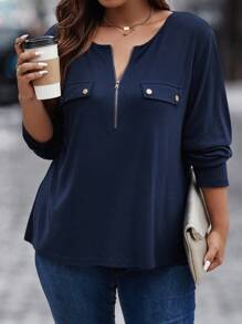 SHEIN LUNE Plus Half Zip Flap Detail Tee Fall Cloth For Women - Navy Blue - View 3