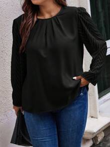 Celure Textured Jacquard Round Neck Gathered Plus Size Pullover Shirt Fall Cloth For Women