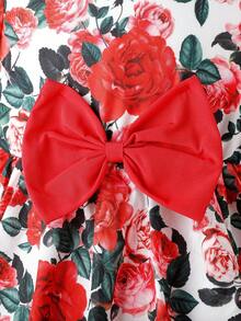 嬰兒女童玫瑰印花蓬蓬袖裙子,配有蝴蝶結裝飾 - 紅色 - 查看 5