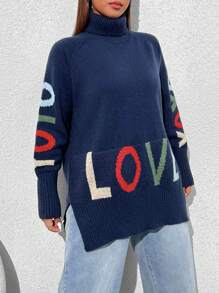 SHEIN EZwear Plus Size High Neck Love Pattern Sweater - Navy Blue - View 1
