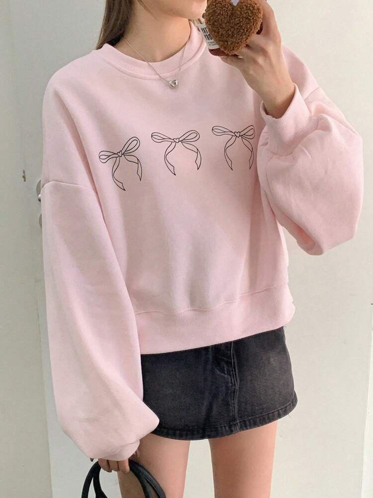 Bow-Patterned Drop Shoulder Sleeve Sweatshirt,Fall Clothes