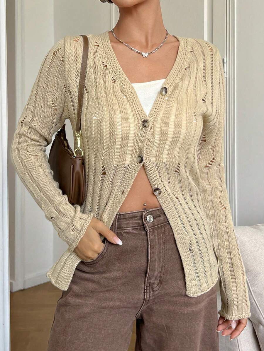 SHEIN EZwear Upward Buttoned Hollow Out Knit Cardigan - Khaki - View 1