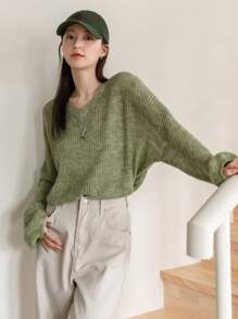 DAZY Women'S V-Neck Drop Shoulder Long Sleeve Sweater - Green - View 7