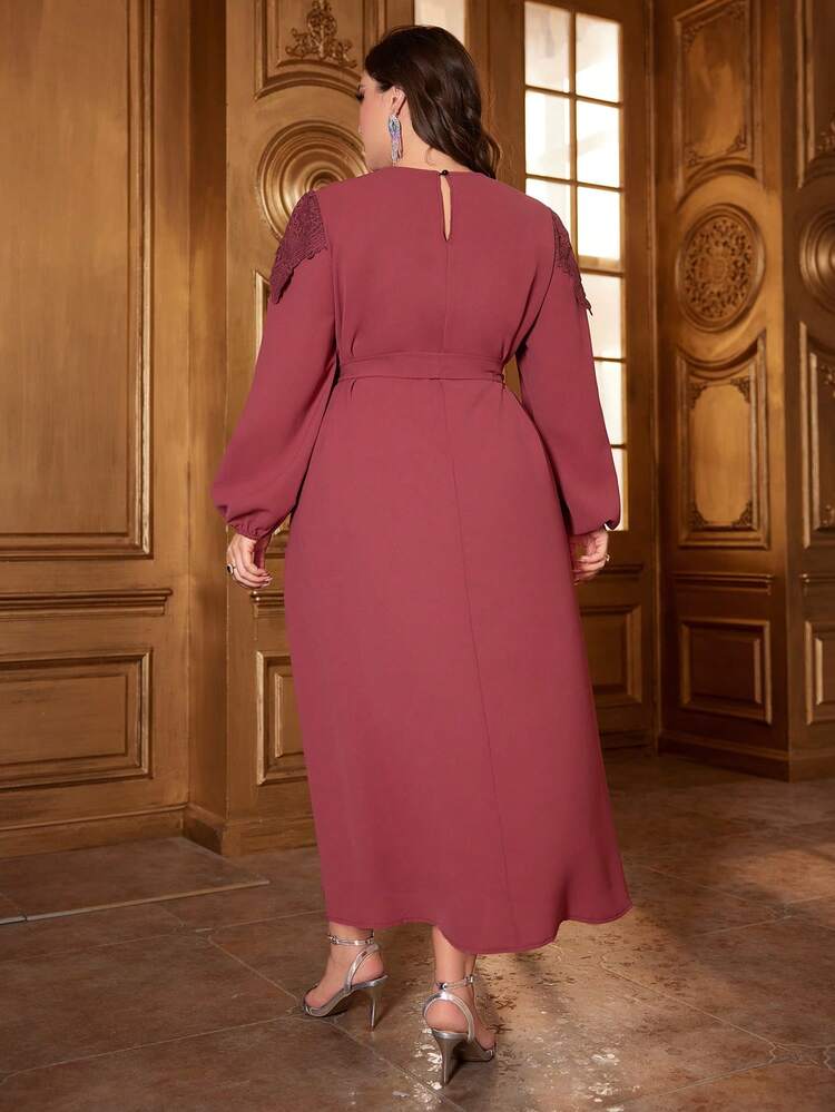 Plus Size Embroidered Lantern Sleeve Belted Dress