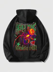 ROMWE MEN Street Life Guys Letter & Spider Graphic Drawstring Thermal Lined Hoodie - Black - View 1