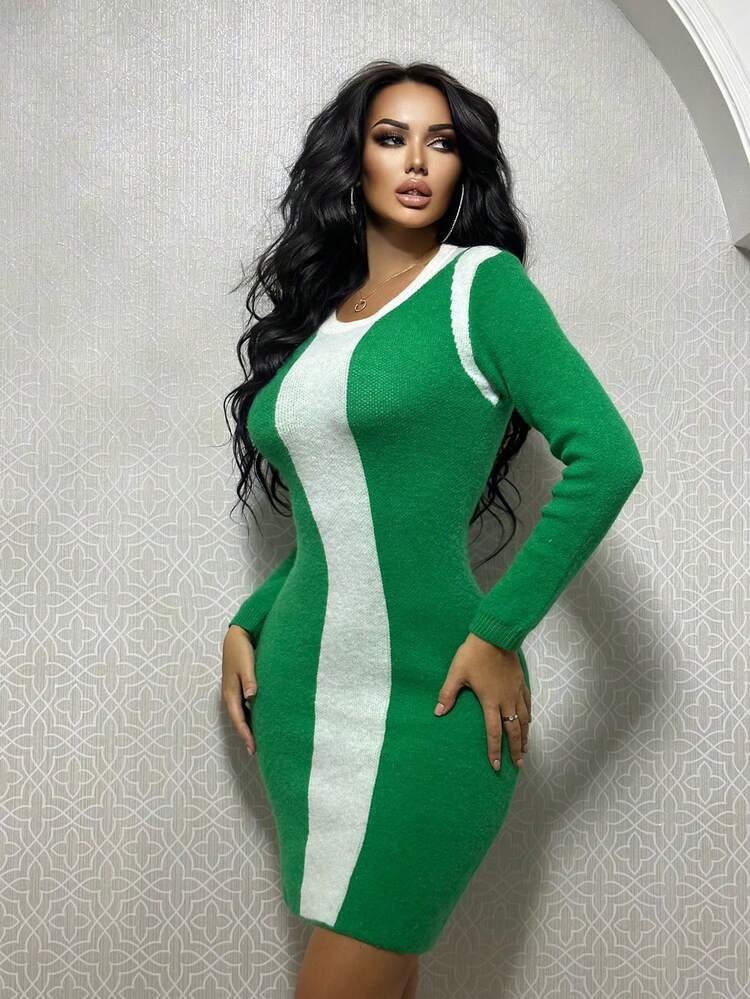 Women's Colorblock Long Sleeve Sweater Dress