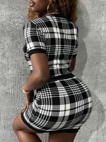 Slaydiva 優雅圓領短袖上衣前扣細節緊身迷你裙黑白格紋女裝 2 件套 - 彩色 - 查看 2