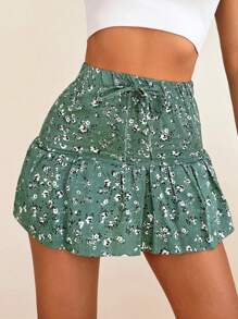 SHEIN Cottnline Ditsy Floral Print Knot Waist Skort - màu xanh lá - Xem 5