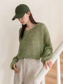 DAZY Women'S V-Neck Drop Shoulder Long Sleeve Sweater - Green - View 4