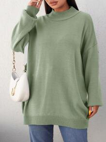 EURMUSE 女款大尺碼純色下擺落肩針織毛衣 - 薄荷綠 - 查看 1