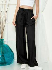 Women's Drawstring Elastic Waist Casual Wide Leg Pants - Black - View 1