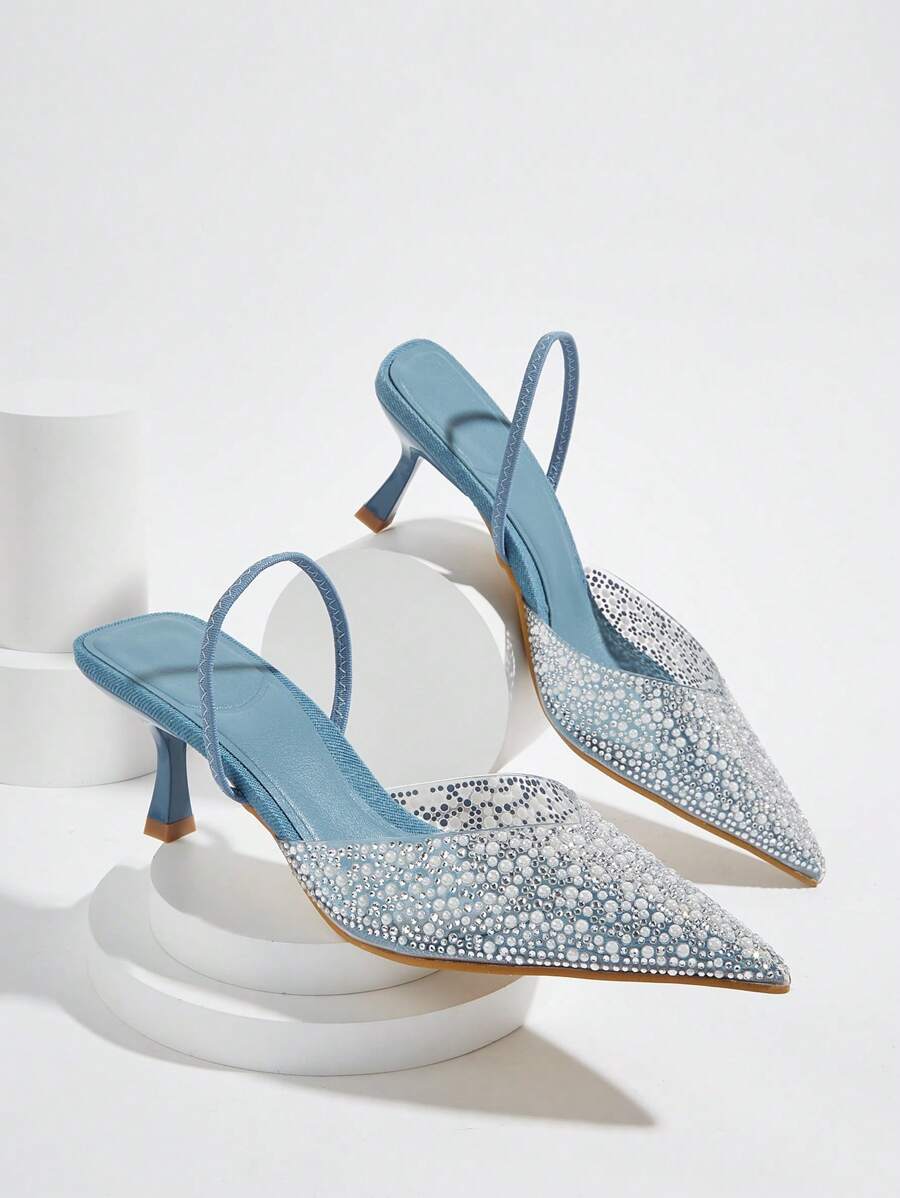 Fall/Winter 2025 Elegant Blue High Heel Sandals With Pointed Toe, Faux Pearl & Rhinestone Detail, Ankle Strap. Suitable For Weddings, Parties, Vacation And Casual Wear., Elegant, Women Pumps,Kitten Heels,Party Outfits - Blue - View 1