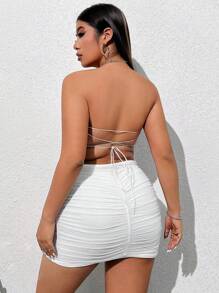 SHEIN CovetEZ Vestido Blanco Para Cita De Tubo Ajustado En Cuerpo Sólido Con Diseño Fruncido De Talla Grande Para San Valentín - Blanco - Ver 2