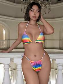 SHEIN Swim 女士撞色露背系带比基尼套装夏季海滩 - 彩色 - 查看 5