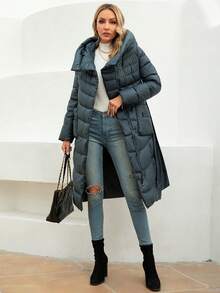 GASMAN 1pc Winter Solid Color Hooded Padded Coat With Drawstring Waist - Navy Blue - View 5