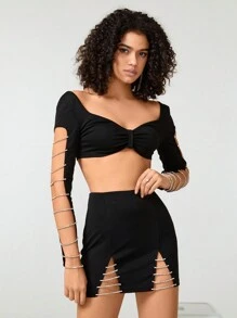 Woman in the Clouds Diamond Chain & Split Hem & Bodycon Skirt - Black - View 3