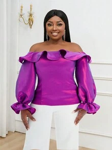 Tops Con Volantes Y Hombros Descubiertos Para Mujer De Talla Grande - Morado - Ver 6