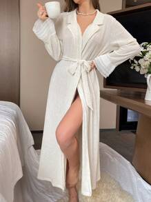 Women's Contrast Lapel Belted Robe - Beige - View 4