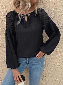 SHEIN Clasi Mesh Spliced Lace-up Long Sleeve Shirt - Black - View 1