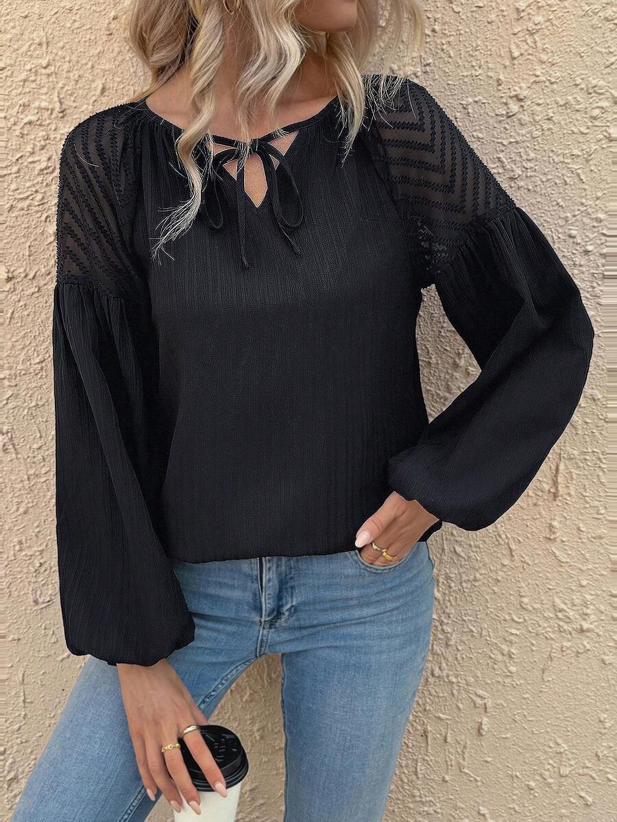 SHEIN Clasi Mesh Spliced Lace-up Long Sleeve Shirt - Black - View 1