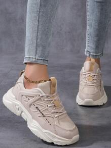 女性運動休閒厚底前扣運動鞋,彩塊圖形綁帶輕便透氣戶外運動休閒鞋 - 卡其色 - 查看 1