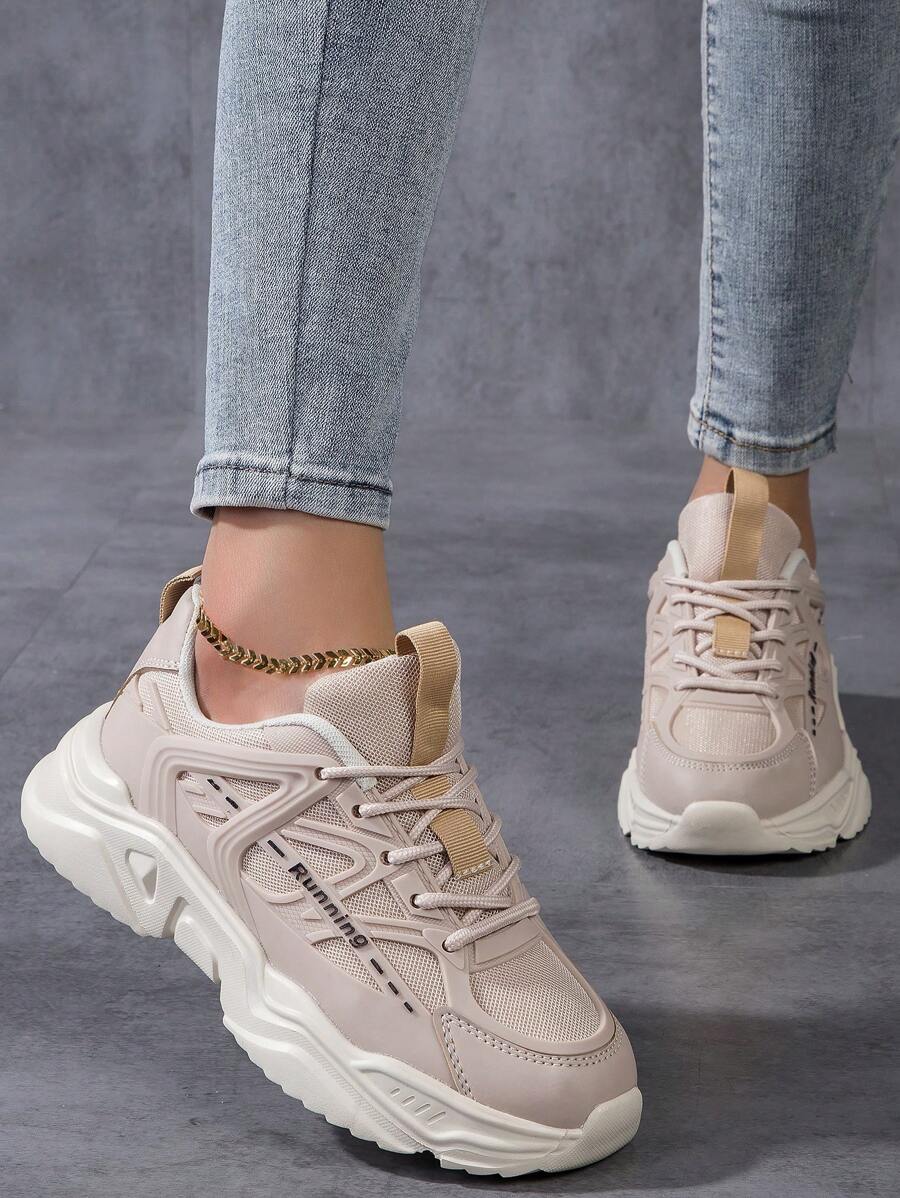 女性運動休閒厚底前扣運動鞋,彩塊圖形綁帶輕便透氣戶外運動休閒鞋 - 卡其色 - 查看 1