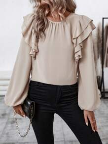 SHEIN Clasi 女式荷葉袖襯衫,下擺有褶邊 - 杏色 - 查看 3