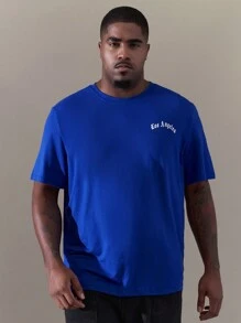 SHEIN Manfinity Homme 男士加大號字母印花短袖t恤 - 藍色 - 查看 1