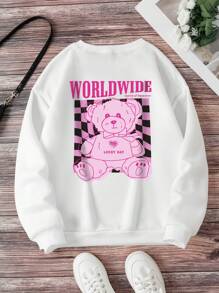 SHEIN EZwear 卡通+文字印花圓領休閒運動衫 - 白色 - 查看 1