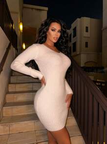 VaVaBold 肋紋v領長袖緊身連衣裙 - 白色 - 查看 5