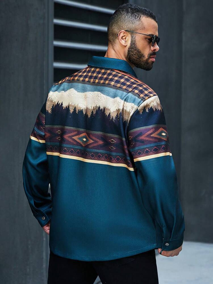 Men'S Plus Size Geometric Print Short Sleeve Casual Shacket