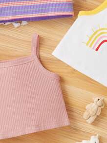 SHEIN Baby Girls' Rainbow Pattern Striped Tank Top Set, 3pcs - Multicolor - View 4