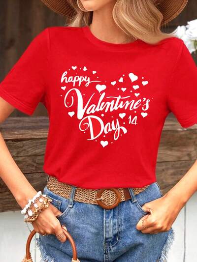 Women's Letter And Heart Print Slim Fit T-Shirt