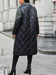 Calvaya 大码拼色翻领加厚棉服外套冬季 - 軍綠色 - 查看 2