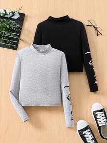 SHEIN Girls' Sporty & Sweet Knit Stand-Up Collar Long Sleeve T-Shirt - Light Grey - View 1