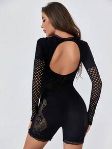 長袖半高領鉆空連體褲,舒適感 - 黑色 - 查看 2