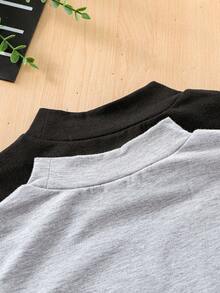 SHEIN Girls' Sporty & Sweet Knit Stand-Up Collar Long Sleeve T-Shirt - Light Grey - View 6