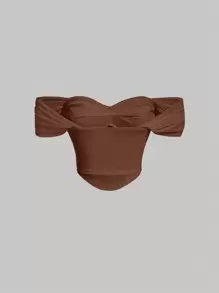 SHEIN MOD 纯色褶皱露肩衬衫、短袖上衣 - 棕色 - 查看 2