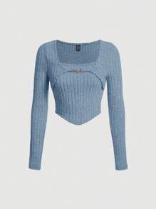 SHEIN MOD 女款純色肋編針織t卹 - 藍色 - 查看 1