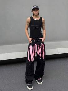 Manfinity Roghcode Men's Letter Graphic Wide Leg Cargo Jeans - Black - View 8