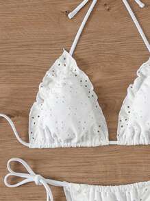 SHEIN Swim 夏季钩针编织孔眼刺绣和荷叶边装饰比基尼套装婚礼