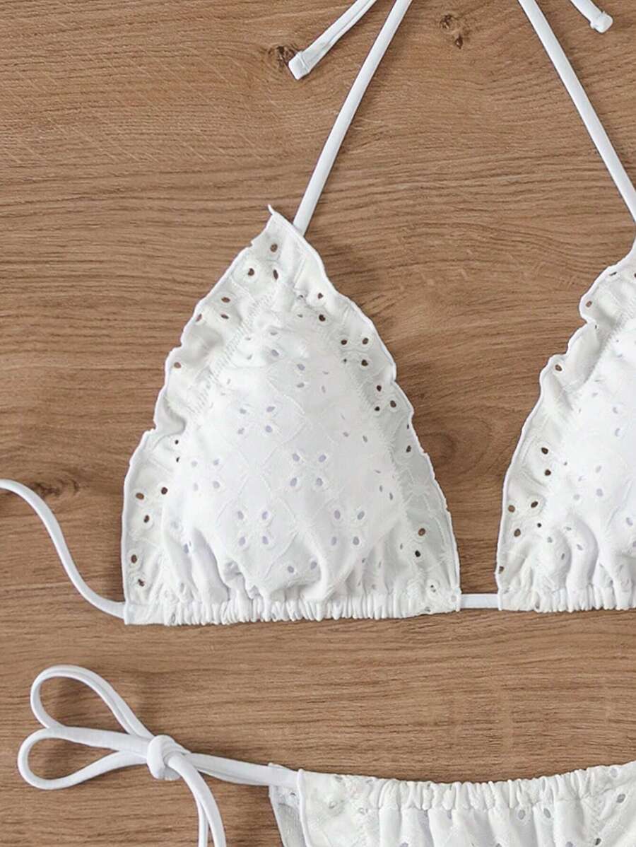 SHEIN Swim 夏季钩针编织孔眼刺绣和荷叶边装饰比基尼套装婚礼