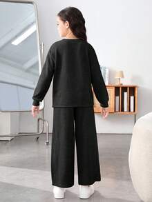 補間女童針織純色圓領寬鬆衛衣闊腿休閒褲 2 件/套 - 黑色 - 查看 2
