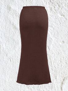 SHEIN EZwear 纯色针织美人鱼下摆紧身裙，采用纹理面料 - 巧克力棕 - 查看 2