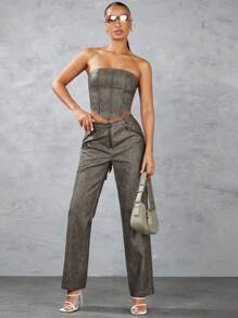 SHEIN BAE Solid Color Vintage Distressed Leather Asymmetrical Hem Backless Corset Top With Intricate Lace-Up Detail - Coffee Brown - View 6